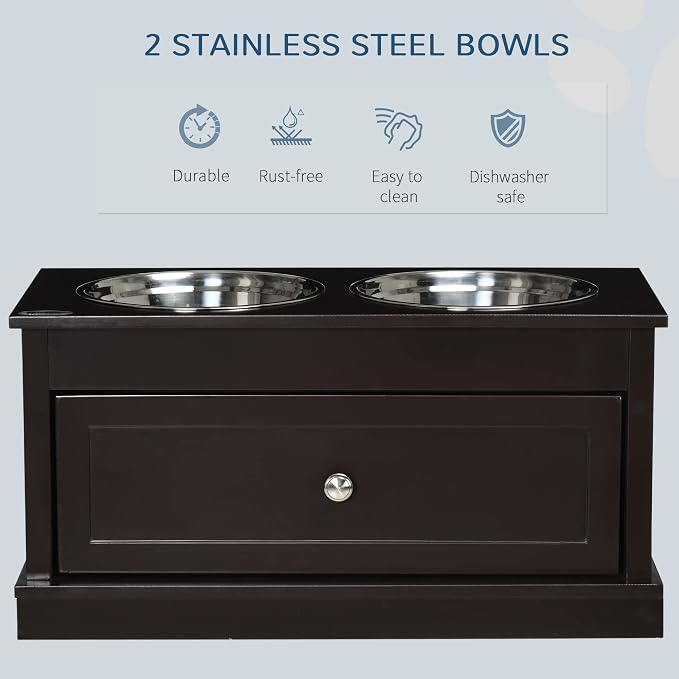 PawHut Large Elevated Dog Bowls with Storage Drawer - 11L Capacity, Raised Dog Bowl Stand Feeding Station, Brown