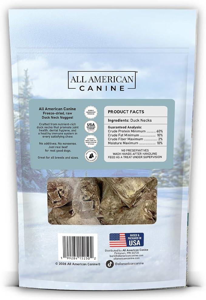 All American Canine Freeze-Dried Duck Neck Nuggets Dog Treats – Single Ingredient Raw Bite-Size Duck Necks, Made in USA, 3 oz