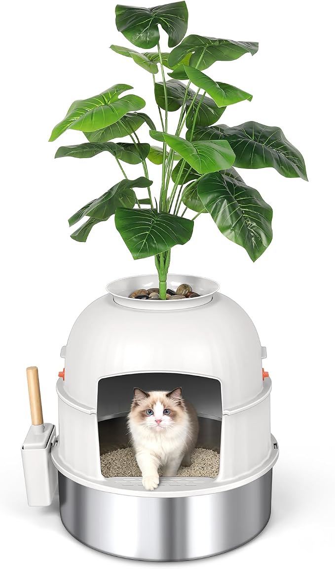 Hidden Cat Litter Box Enclosure with Artificial Plant, Stainless Steel Litter Box Furniture, Decorative Round Planter Includes Scoop, Pebbles, Carbon Filter, Easy to Clean (Beige)