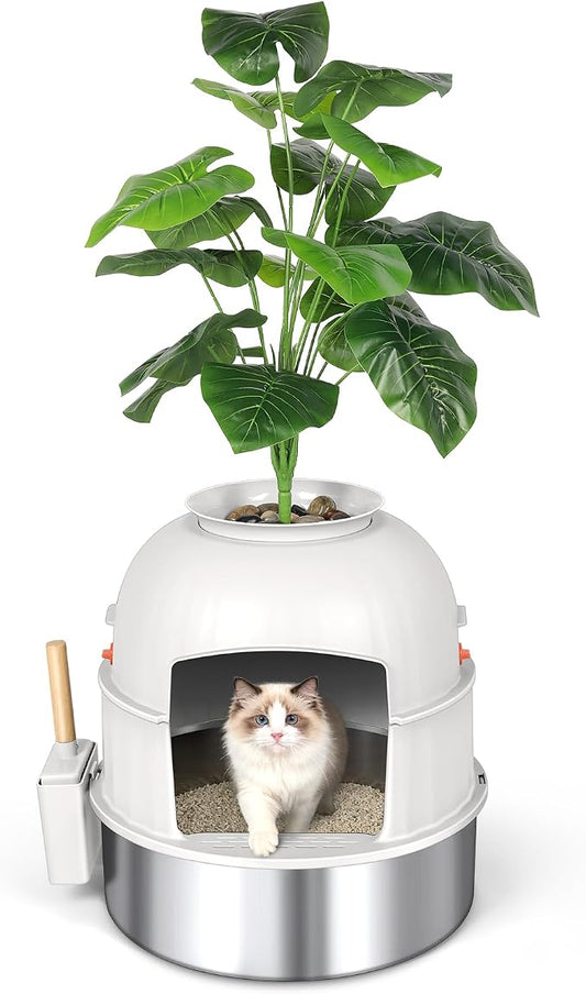 Hidden Cat Litter Box Enclosure with Artificial Plant, Stainless Steel Litter Box Furniture, Decorative Round Planter Includes Scoop, Pebbles, Carbon Filter, Easy to Clean (Beige)