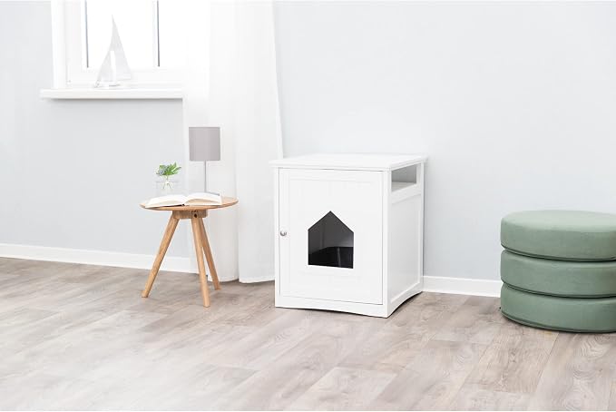 Trixie Furniture Litter Box Enclosure (White) Hidden Litter Box for Cats with Shelf, Classic Style, Big Front Door for Easy Cleaning, Large Hole for Convenient Entry, Use As Side Table or Nightstand