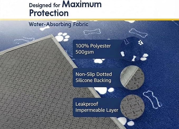 Muddy Mat® Washable Pee Pads for Dogs, Super Absorbent Reusable Puppy Pads–100% Waterproof Pee & Potty Training Pads for Pets,Non-Slip Dog Pads for Crates, Playpens & Floors- 2 Pack, Navy Blue 18"x24"