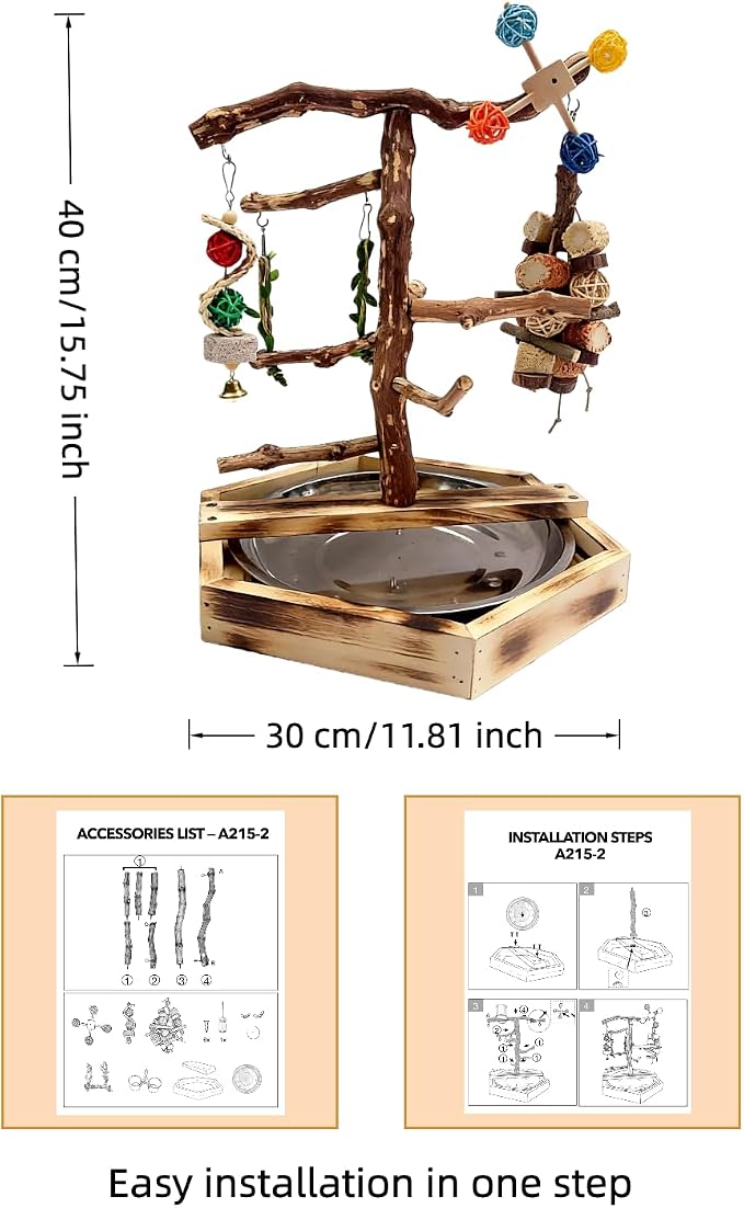 Wooden Bird Play Stand for Parakeets & Cockatiels, Natural Wood Perch Gym with Hanging Toys, Removable Metal Tray, Multi-Level Bird Playground for Small to Medium Birds