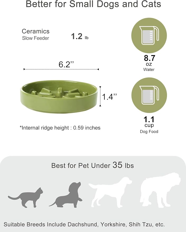 Ceramic Slow Feeder Dog Bowl, Maze Puzzle Non-Slip Silicone Base Stoneware Bowl for Small Medium Dogs, Heavy Duty Anti-Bloat Dog Food Bowl Dishwasher Safe – Green, Small