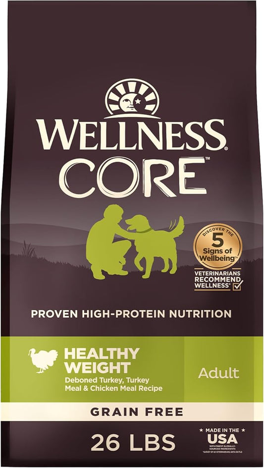 Wellness CORE Healthy Weight Adult Dry Dog Food, Grain Free Kibble, Natural, High Protein, Turkey and Chicken Recipe, 26 lb Bag