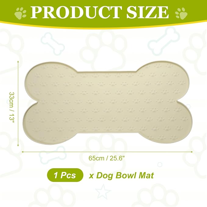 Dog Food Mat, 26x13 Inch Silicone Pet Feeding Mat Non-Slip Bone Shaped Waterproof Dog Water Bowl Tray Raised Edge Protects Floors (Apricot), Intended for Pets Bowl/Fountain