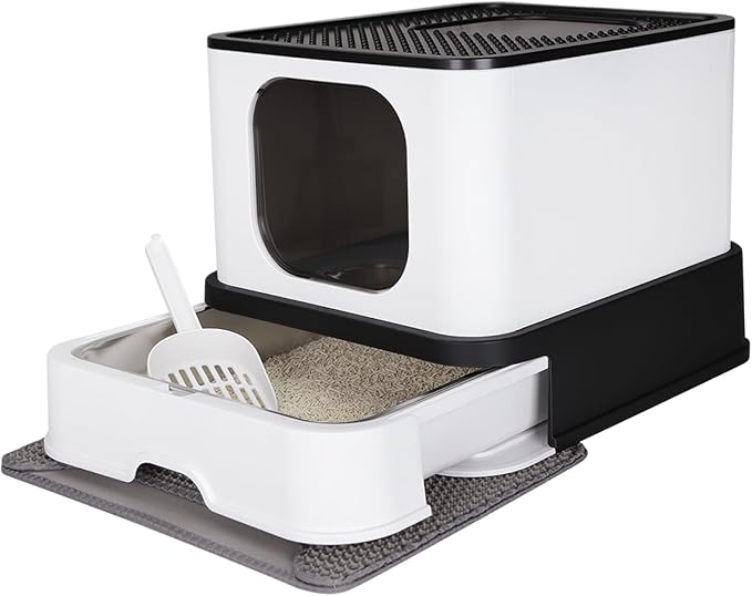 RIZZARI Stainless Steel Cat Box: Black Large Capacity Enclosed Litter Pan with High Walls - Non-Stick Teflon Coating & Leak-Proof Drawer - Odor Control - Perfect for Bathroom Balcony