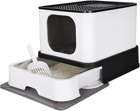 RIZZARI Stainless Steel Cat Box: Black Large Capacity Enclosed Litter Pan with High Walls - Non-Stick Teflon Coating & Leak-Proof Drawer - Odor Control - Perfect for Bathroom Balcony