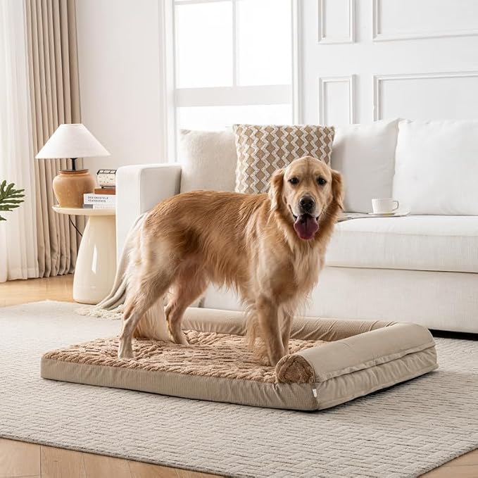 Dog Bed, L-Shaped Plush Sofa with Bolster, Memory Foam Pet Bed, Machine Washable Cover, for All Dog and cat Breeds (Brown, 48" x 35" x 6.5")