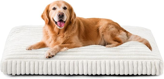 Dog Bed for Large Dogs, Orthopedic Dog Beds Washable with Removable Cover, Extra Thick Crate Bed Pet Mat with Shredded Chopped Foam & Anti-Slip Bottom, 35"x23"x4", Cream