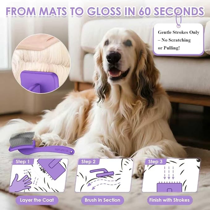 Large Dog Slicker Brush for Goldendoodles, Poodles - 3 in 1 Grooming Kit with Undercoat Rake & Comb - Extra Long Pins Slicker Brush for Dematting, Thick Coats, Shedding, Detangling, Purple