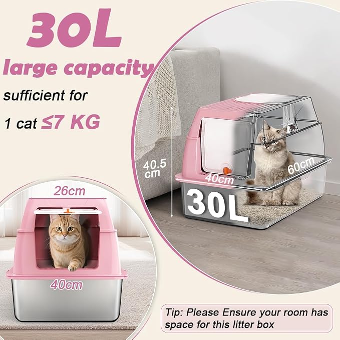 SZEE XL Stainless Steel Litter Box with Lid, Extra Large Metal Covered Litter Box, Stainless Box Easy Clean, Activated Charcoal Odor Control Design, Includes Litter Scoop & Mat & Step, Pink