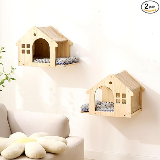 SHENGOCASE Natural Wood Cat Wall Shelves Bed, 2-Pack, Wall-Mounted Box Condo House Perch, Cat Condo Furniture with Washable Pillow Cushions