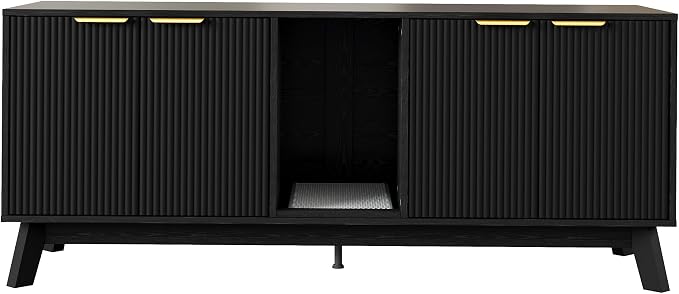 Garvee Cat Litter Box Enclosure for 2 Cats, 59" Hidden Litter Boxes Furniture with Cat Litter Mat, Large Indoor Pet House with Double Room, Wooden TV Stand Side Table, Black