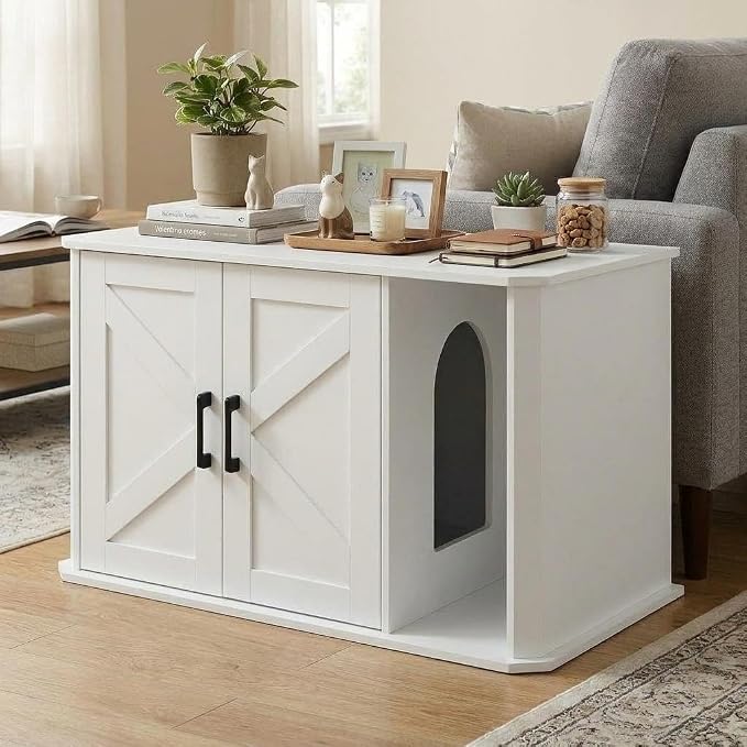 Modern Wooden Cat Litter Box Enclosure, Hidden Washroom Cabinet with Double Doors and Side Entry, Large Cat House End Table, Easy-Clean Sturdy Furniture