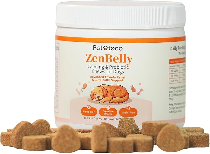 ZenBelly Calming Chews for Dogs, Probiotic Calming Treats for Stress Support, Separation Anxiety, Travel, Thunderstorms & Fireworks, Hemp Free, Grain Free, Chicken Flavor, 120 Soft Chews