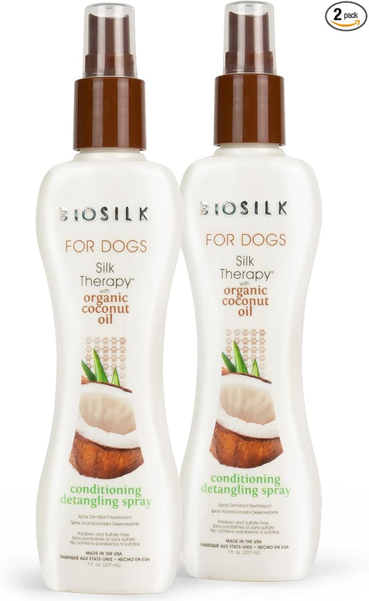 BioSilk Silk Therapy Conditioning Detangling Spray for Dogs with Natural Coconut Oil - Dog Matted Hair Detangler Conditioner for Dogs, Dematting Grooming Supplies, 7 Fl Oz - 2 Pack