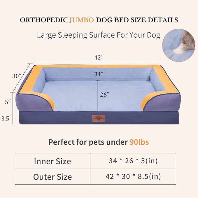 Comfort Expression Orthopedic Dog Bed for Extra Large Dogs 42x30 Inch, Waterproof Egg Crate Foam XL Pet Bed with Bolsters, Dog Couch with Washable Cover & Non-Slip Bottom, Twilight Wave