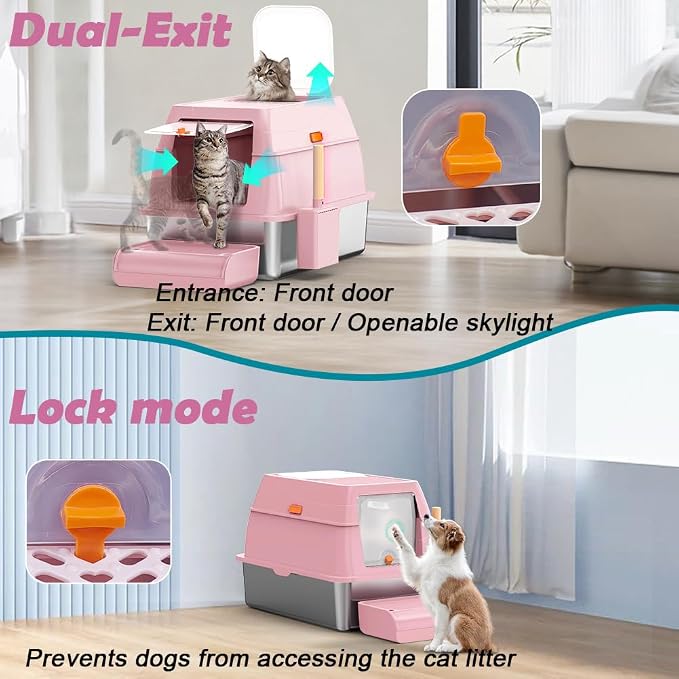 SZEE XL Stainless Steel Litter Box with Lid, Extra Large Metal Covered Litter Box, Stainless Box Easy Clean, Activated Charcoal Odor Control Design, Includes Litter Scoop & Mat & Step, Pink