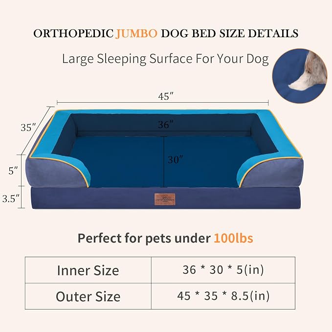Comfort Expression Orthopedic Dog Bed for Extra Large Dogs 45x35 Inch, Waterproof Egg Crate Foam XL Pet Bed with Bolsters, Dog Couch with Washable Cover & Non-Slip Bottom, Hidden Bay
