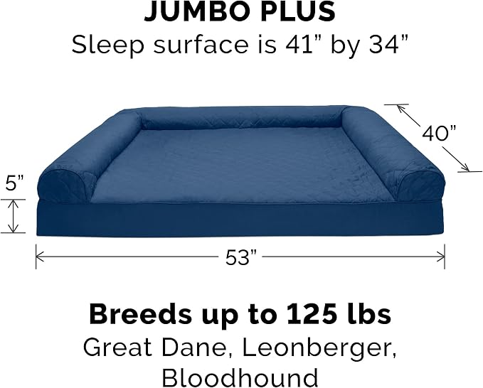 Furhaven Cooling Gel Dog Bed for Large Dogs w/ Removable Bolsters & Washable Cover, For Dogs Up to 125 lbs - Quilted Sofa - Navy (Blue), Jumbo Plus/XXL