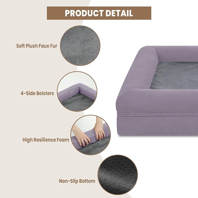 Yiruk Jumbo Dog Bed for Extra Large Dogs, XXL Waterproof Dog Bed with Removable Washable Cover, 4-Sides Bolster Support Pet Couch Sofa with Non-Slip Bottom, Light Purple