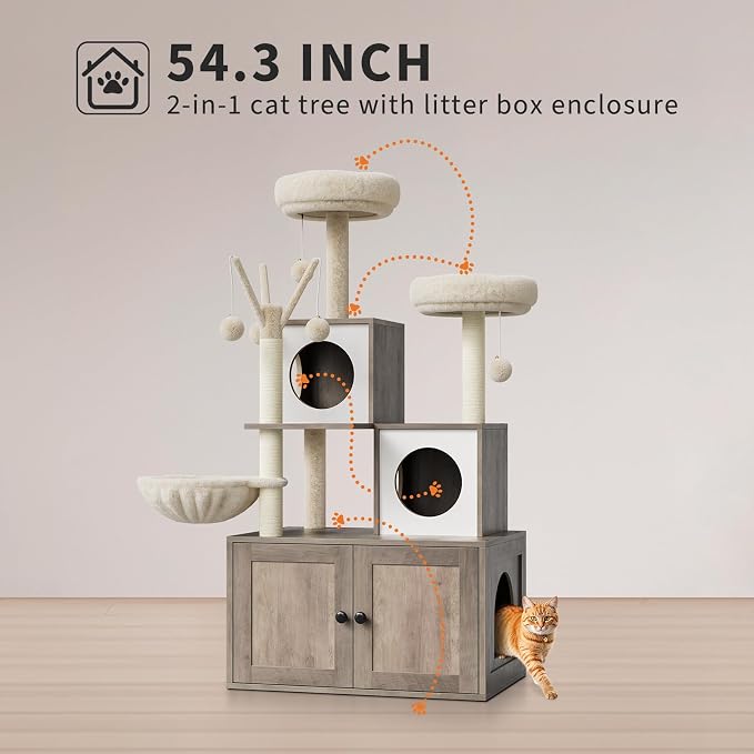 Litter Box Enclosure with Cat Tree Tower and Condo Brush Post and Passage Hidden Cat Washroom Furniture with Sisal Scratching Post & Soft Plush Perch Wooden Cat Furniture with Multiple Platforms