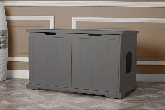 Merry Products Adjustable Pet Cat Washroom Storage Bench Furniture with Removable Partition Wall for All Size Litter Boxes, Gray
