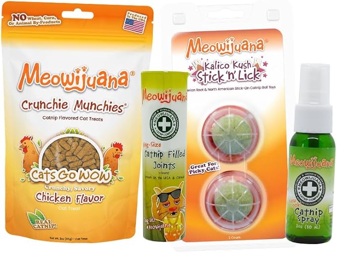 Meowijuana Sampler Stash #1 Bundle | Crunchie Munchie Chicken Treats, Kalico Kush Stick 'n' Lick, 1 oz Premium Catnip Spray and 3 ct Rollies | Promotes Play and Cat Health