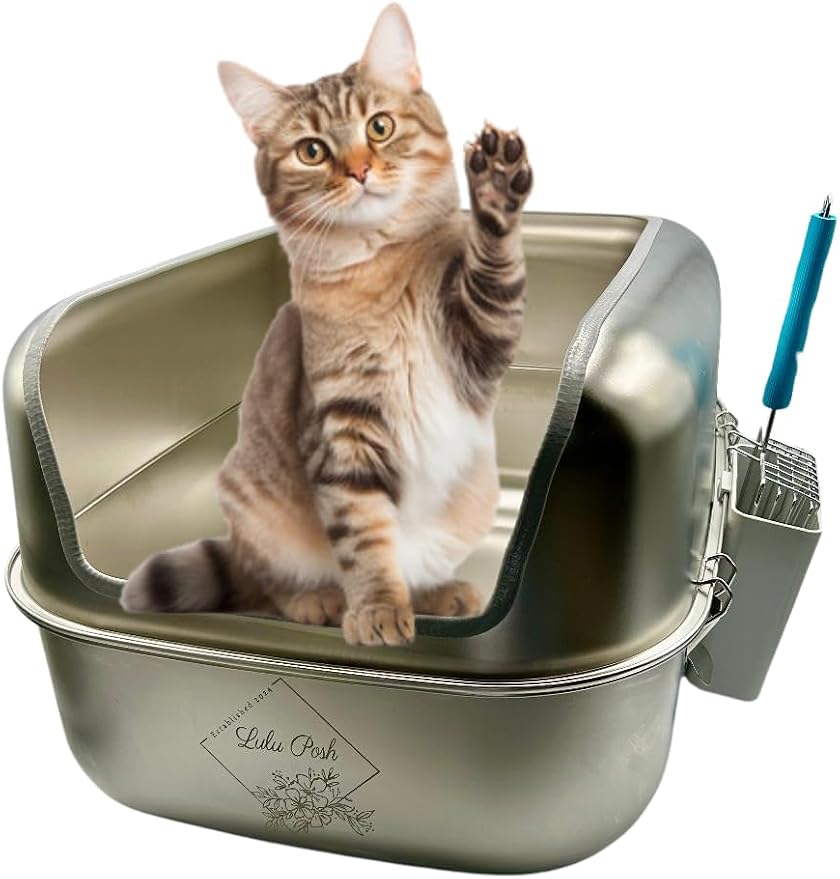 Extra Large Stainless Steel Cat Litter Box with High Sided Enclosure, Odor Resistant Metal Litter Pan, Non-Stick Easy Clean, Includes Scoop & Holder, Leakproof Anti-Scatter Design