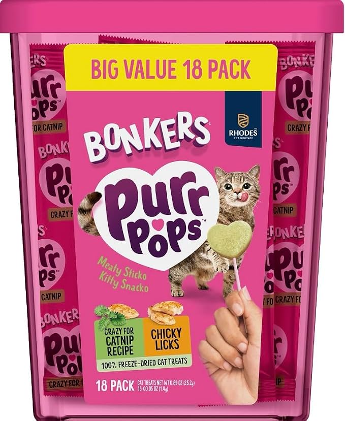Bonkers Purrpops Freeze-Dried Cat Treats, 2-18 Pack Variety Bundle with Salmon & Tuna, Catnip & Chicken Flavors, Plus 4 Cat Spring Toys