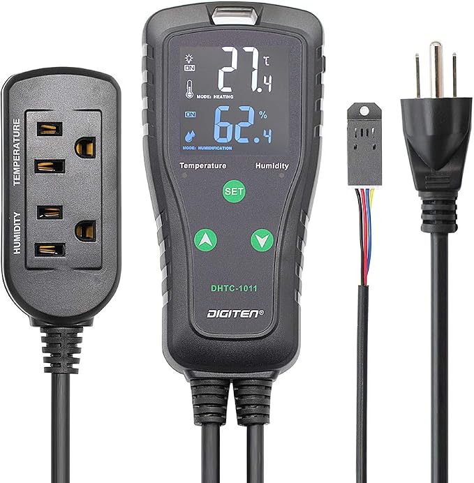 DIGITEN DHTC-1011 Temperature and Humidity Controller Outlet Plug in Thermostat Humidistat Reptile Humidity Controller Greenhouse Thermostat Heating Cooling Humidifier Dehumidifier