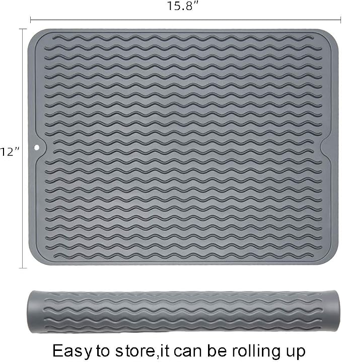 ZLR 2 Pcs Silicone Dish Drying Mat for Kitchen Counter (12" x 16" / 307 x 405mm) - Large Fast-Dry Drainer Mat with Raised Wavy Ridges & 5mm Lip - Non-Slip, Heat Resistant 450°F, BPA-Free (Dark Gray)