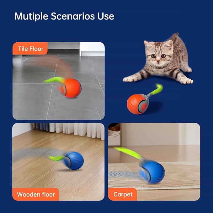 Interactive Cat Ball Cat Toy with Tail, Fast Rolling Ball (Orange)