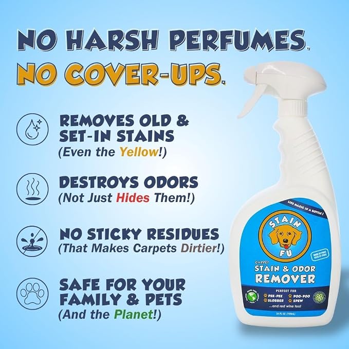 Pet Stain & Odor Remover – Carpet Cleaner Spray for Dog & Cat Urine, Feces, Vomit, Coffee & Wine Stains – Upholstery, Rugs & Furniture Cleaner – 24 oz