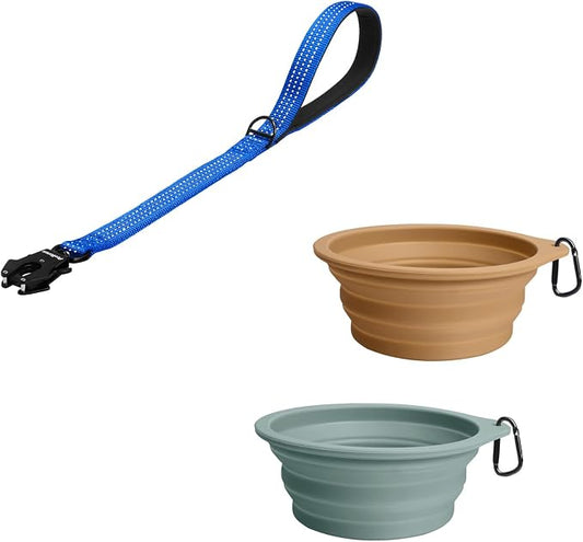PetBonus Heavy Duty 24 Inch Short Dog Leash and 2-Pack Silicone Collapsible Dog Bowls