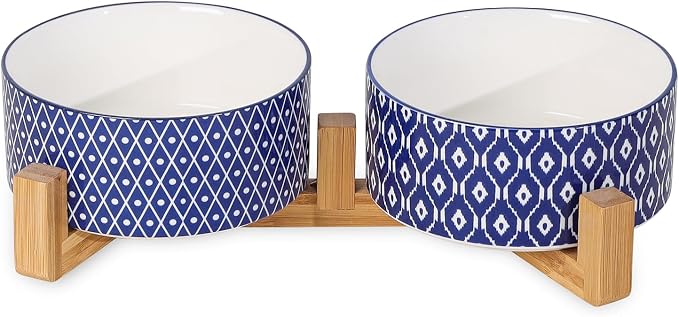 Selamica Ceramic 30 OZ Dog Bowls with Wooden Stand, Anti-Slip Dog Dishes Set for Cats & Small Dogs, Weighted Pet Bowls Set of 2, Vintage Blue