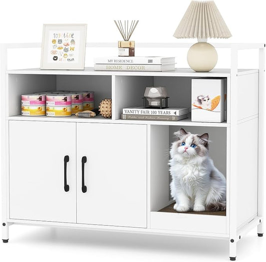Tangkula Litter Box Enclosure, Enclosed Cat Box Cabinet with 2 Storage Compartment, Metal Frame, Scratching Board, Hidden Cat Washroom, Modern Litter Box Furniture for Indoor Kittens