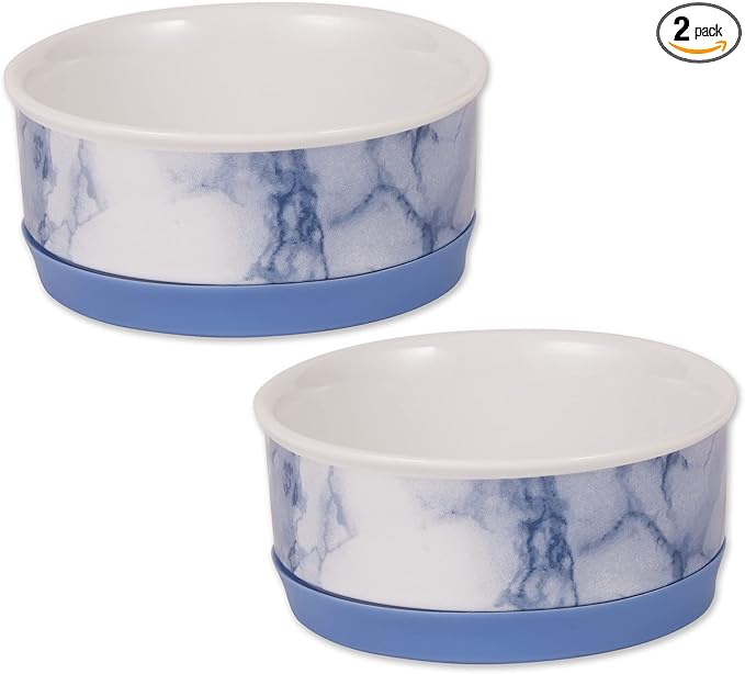 Bone Dry Ceramic Marble Non-Slip Pet Bowls, Dishwasher Safe, Small Set, 4.25x2, Blue, 2 Count
