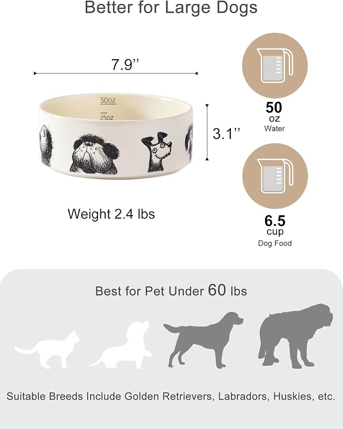 Ceramic Cute Dog Bowl for Medium Large Dogs, Heavy Non-Slip Stoneware Pet Feeding Bowl – 6.5 Cups, Microwave & Dishwasher Safe, Single Bowl