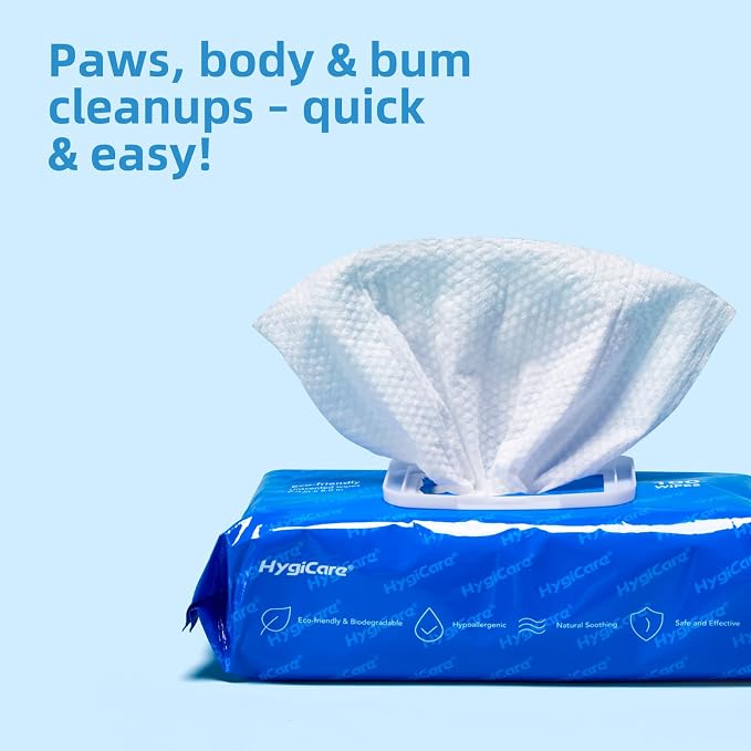 HygiCare Pet Grooming Wipes for Dogs & Cats, 400 Count, 8"x8" Ultra Thick & Soft, Unscented, Hypoallergenic Formula, Safe on Coat, Paws, Ears, Bum & Sensitive Skin