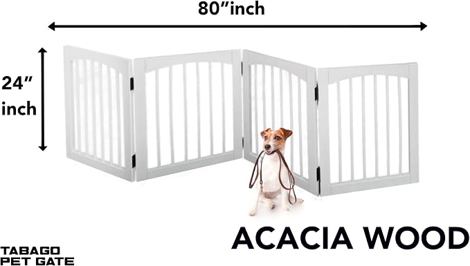 Tabago 4-Panel Foldable Freestanding Wooden Pet Gate 24"x20" – Expands up to 60", White & Natural Dog Gate for Small Pets, Stylish Indoor Barrier for Doorways & Hallways (White, 24" H x 80" W)