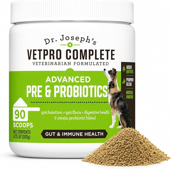 Dr. Joseph's VetPro Complete Advanced Pre & Probiotics Powder for Dogs, Meal Topper, 90 Scoops, Supports Gut Health, Diarrhea, Digestive Health & Allergies, Chicken/Pumpkin Flavor, 4 Billion CFUs