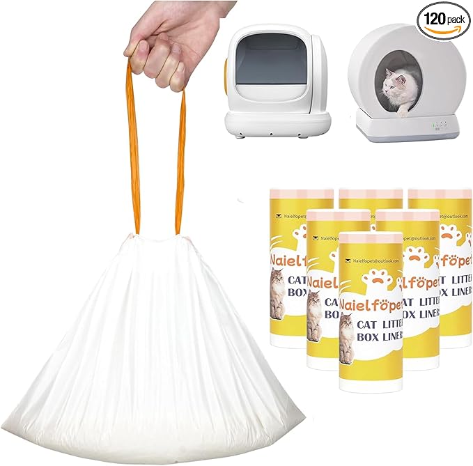 120 Count 18" x 12.6" Cat Litter Box Liners, Replaced Trash Bags Fit for Cat Litter Box MW-SC01/MW-SC02/MW-LR01,Thick Heavy Duty Drawstring Replacement Waste Drawer Liners for Automatic Litter Box