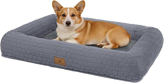 Plush Orthopedic Dog Bed for Medium Large Dogs, Memory Foam Bolster Sofa Bed with Removable Washable Cover, Waterproof Lining & Non-Slip Bottom (Grey-S)