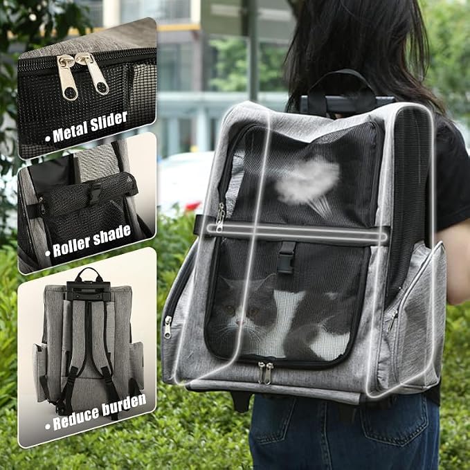 Pet Trolley Bag Cat Dog Travel Bag Portable & Breathable Pet Carrier Backpack - Lightweight Dual-Shoulder Design for Easy Travel with Your Beloved Companion Scalable Pull Rod pet Bag (Grey)