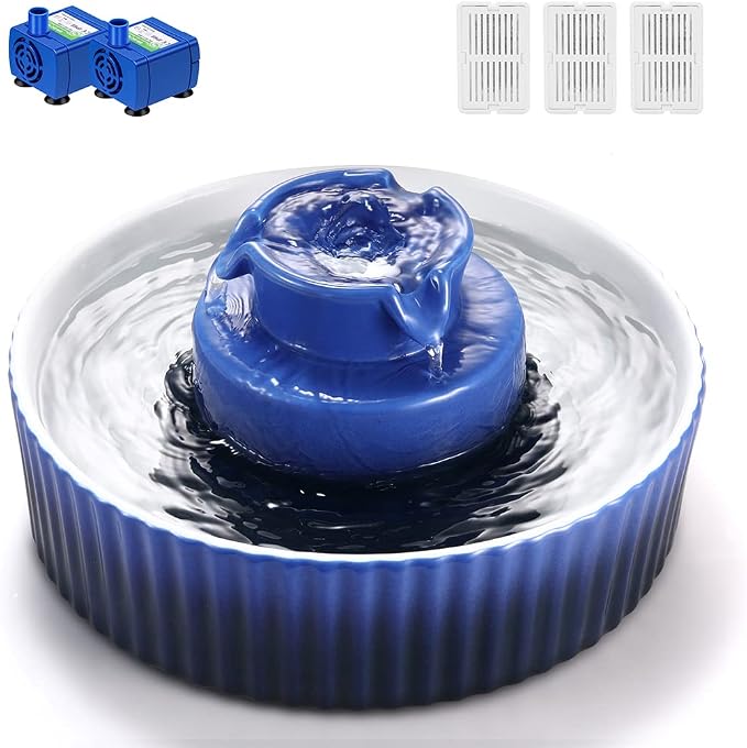 Ceramic Cat Water Fountain, 2.1L/71oz Cupcake Cat Fountain for Dog and Cat Indoor, 2 Ultra Quiet Pumps(Royal Blue)