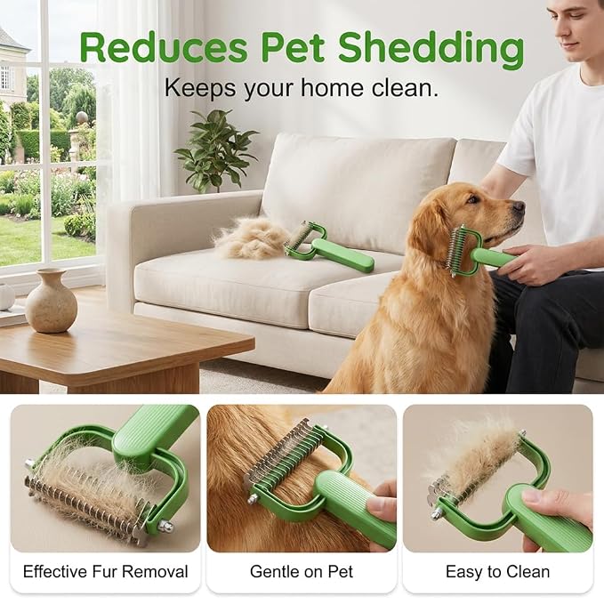 Pet Grooming Brush, 2026New Double Sided Dematting Comb for Cats & Dogs, Undercoat Rake, Gentle Matt Remover Detangler for Long Thick Hair Pets, Easy Grip Fur Remover Comb, Deshedding Brush (2PCGreen)
