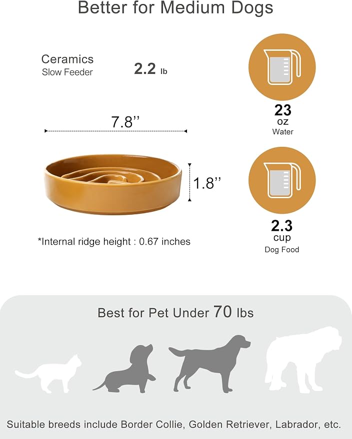 Ceramic Slow Feeder Dog Bowl, Maze Puzzle Non-Slip Silicone Base Stoneware Bowl for Small Medium Dogs, Heavy Duty Anti-Bloat Dog Food Bowl Dishwasher Safe – Orange, Medium