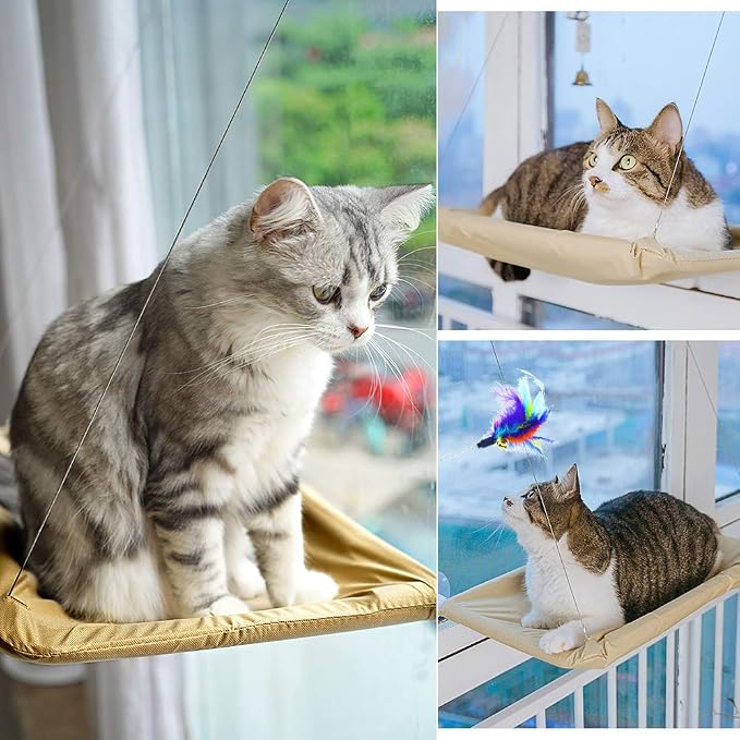 ZALALOVA Window Cat Seat, Cat Window Perch Hammock Space Saving Design w/1Pc Funny Cat Toy 1Pc Extra Suction Cup Window Seat Cat Shelves All Around 360° Sunbath Holds Up to 50lbs for Any Cat Size